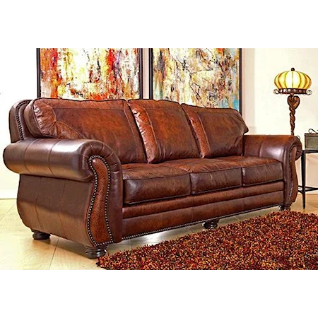 Traditional Leather Stationary Sofa with Nailhead Trim